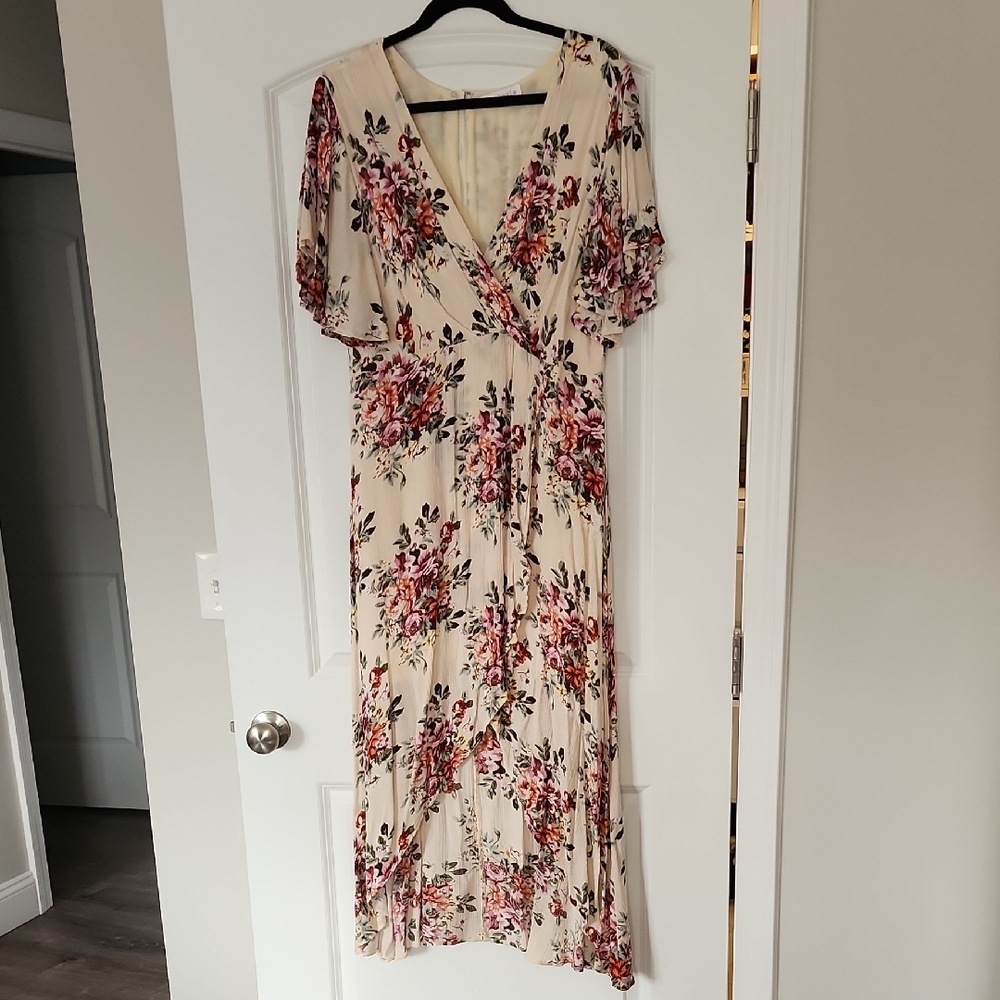 Cream and Pink Ruffled Maxi Dress with Flutter Sleeves